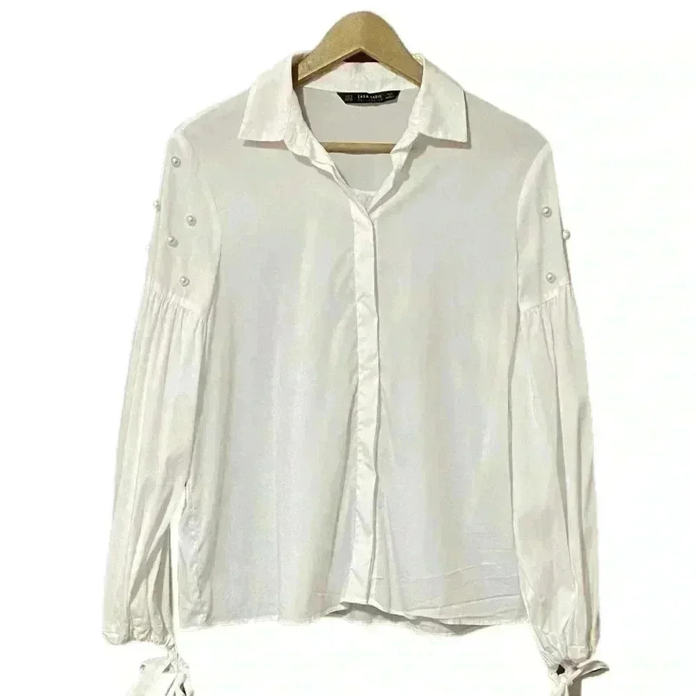 Zara Blouse Women’s Medium Ivory Sheer Long Sleeve Button-Up Pearl Embellished